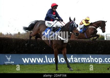 Polyvalence criblée par le jockey Nico de Boinville remporte la course Shukers Landrover handicap à l'hippodrome de Ludlow, à Ludlow. Banque D'Images