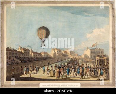 Francis Jukes, le premier vol en montgolfière en Angleterre, 15th septembre 1784 réalisé par Vincenzo Lunardi, imprimé vers 1784 Banque D'Images