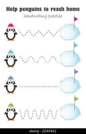 Style de dessin animé de pingouin, feuille de pratique d'écriture, activité préscolaire pour les enfants, jeu éducatif pour les enfants, feuille de travail imprimable, formation à l'écriture, aide à Illustration de Vecteur