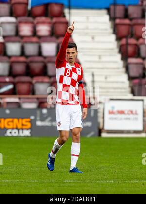 Édimbourg, Écosse, Royaume-Uni. 12 novembre 2020 Nikola Moro de Croatie célèbre le but d'ouverture à la 19e minute lors des 2021 matchs de qualification de l'UEFA pour les moins de 21 ans contre l'Ecosse contre la Croatie au stade Tynecastle. Crédit : Alan Rennie/Alay Live News Banque D'Images