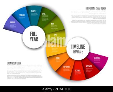 Modèle de calendrier annuel complet avec tous les mois sur deux cercles papiers arc-en-ciel pliés Illustration de Vecteur