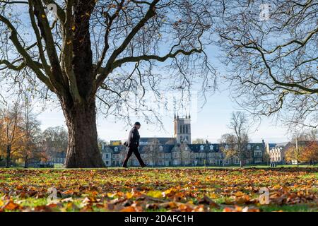 Cambridge, Royaume-Uni. 12 novembre 2020. Un cycliste traverse Jésus-Vert un jour d'automne ensoleillé. Au cours d'une semaine mixte de temps, l'est de l'Angleterre a eu principalement des périodes ensoleillées aujourd'hui. Crédit : Julian Eales/Alay Live News Banque D'Images