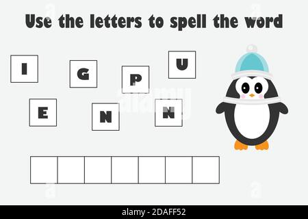 Utilisez les lettres pour épeler le mot, pingouin dans le style de dessin animé, jeu éducatif d'orthographe pour le développement des enfants, enfants d'âge préscolaire Illustration de Vecteur