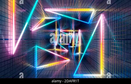 formes géométriques et triangles de néons multicolores dans un tunnel en béton, arrière-plan abstrait futuriste. rendu 3d. Banque D'Images