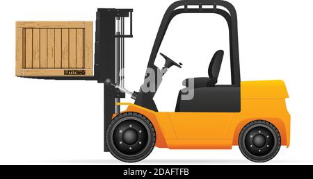 Chariot élévateur avec boîte en bois sur un fond blanc. Illustration de Vecteur