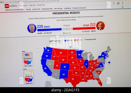 Capture d'écran de CNN montrant l'état d'avancement sur une carte des États-Unis lors de l'élection présidentielle de 2020 le 4 novembre 2020. Banque D'Images