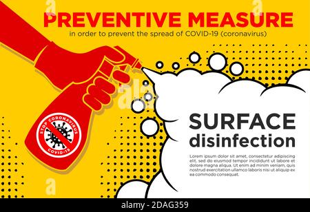Concept de désinfection de surface contre le coronavirus. La main humaine dans le gant contient un flacon de spray antibactérien. Illustration en style de bande dessinée, vecteur Illustration de Vecteur