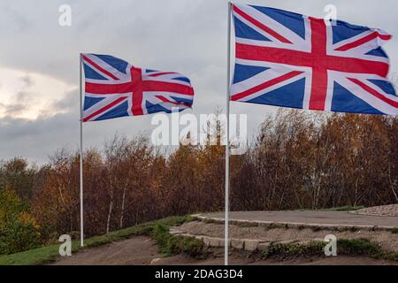 L'Ange du Nord avec le coquelicot de la Légion britannique à Gateshead, au nord-est de l'Angleterre. Le grand coquelicot peut être vu sur la statue d'Anthony Gormley connue comme la porte d'entrée du nord-est de l'Angleterre. 11 novembre 2020. Gateshead, Royaume-Uni. Banque D'Images