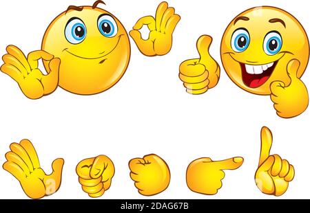Ensemble de magnifiques visages Smiley avec des gestes de main / icônes émotionnelles. Illustration du vecteur 3D Illustration de Vecteur