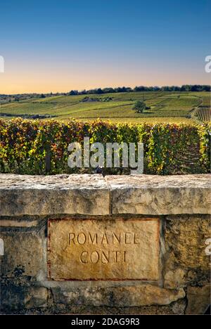 Vignoble Romanee-Conti en fin d’après-midi soleil, plaque de nom en pierre gravée dans le mur limite domaine de la Romanee-Conti Vosne-Romanee Bourgogne Côte d’Or France Banque D'Images