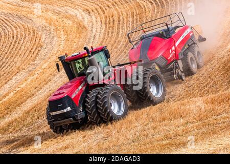 Tracteur à roues 4RM CaseIH tirant une grande presse à balles rectangulaires à Balle de paille de blé dans la région de Palouse, dans l'est de l'État de Washington Banque D'Images