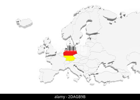 Carte 3D de l'Europe avec frontières marquées - région de l'Allemagne Marqué avec drapeau de l'Allemagne - isolé sur fond blanc avec Espace pour le texte - illustration 3D Banque D'Images