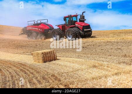 Tracteur à roues 4RM CaseIH tirant une grande presse à balles rectangulaires à Balle de paille de blé dans la région de Palouse, dans l'est de l'État de Washington Banque D'Images