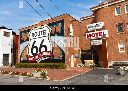 Pontiac, Illinois / États-Unis - 23 septembre 2020 : peinture murale de la route 66 à Pontiac, Illinois. Banque D'Images
