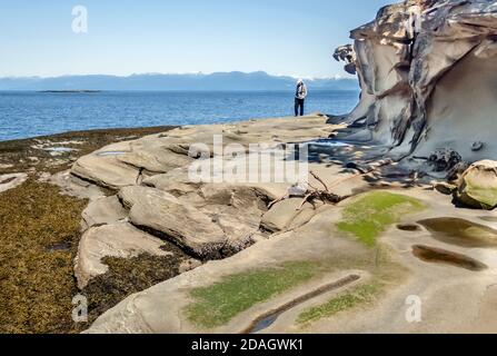 Lors d'une journée ensoleillée à marée basse, un homme marche sur une île en grès érodée, avec le détroit de Géorgie et les montagnes côtières de la Colombie-Britannique en arrière-plan. Banque D'Images