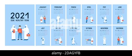 Bonne année 2021. Modèle de calendrier A4 avec couverture et 12 pages mensuelles. La semaine commence le lundi. Patient et médecin en costume blanc noisette Illustration de Vecteur