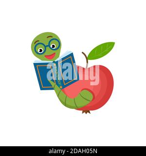 Mignon bookworm avec des lunettes saute d'une pomme et lit le livre, isolé sur fond blanc. Concept d'éducation. Illustration de dessin animé vectoriel. Illustration de Vecteur