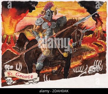 Dessin d'un chevalier armé et blindé, à cheval sur un paysage volcanique, avec une étiquette où est écrit St. George. Aquarelle. Banque D'Images