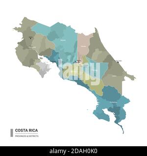 Costa Rica higt carte détaillée avec subdivisions. Carte administrative du Costa Rica avec le nom des districts et des villes, coloré par les États et les administrations Illustration de Vecteur