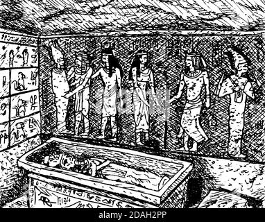 Hiéroglyphes et anciens égyptiens peints sur les murs de la chambre mortuaire Toutankhamon, dans la vallée des Rois, en Égypte centrale. Dessin à l'encre. Banque D'Images