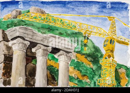 Colonnes avec les capitales ioniques mis à part la grue moderne sur le site archéologique d'Éphèse. Une attraction touristique historique en Turquie. Aquarelle. Banque D'Images