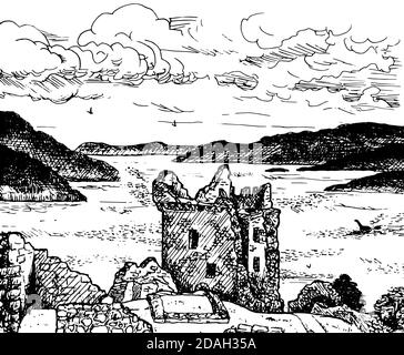 Tour et murs en pierre du château d'Urquhart sur les rives du célèbre Loch Ness. Dans la campagne du nord de l'Écosse. Dessin à l'encre. Banque D'Images