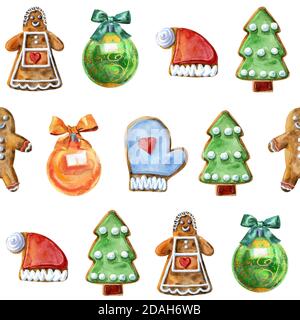 Motif sans couture. Biscuits de Noël sur un fond blanc isolé, aquarelle illustration, bonbons. Banque D'Images