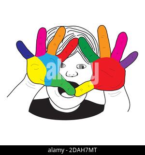 Tiré à la main d'un enfant qui est gai en jouant avec de la peinture sur ses mains. Concept de journée pour enfants Illustration de Vecteur