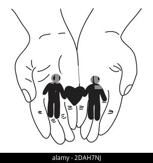 Main tirée de la main tient un couple dans l'amour, la fraternité et les droits de tous. Concept des droits de l'homme Illustration de Vecteur