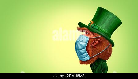 Saint Patrick en bonne santé en tant que Leprechaun portant un masque facial ou Saint Patrick fête de printemps comme une bannière de saison sur le thème irlandais. Banque D'Images