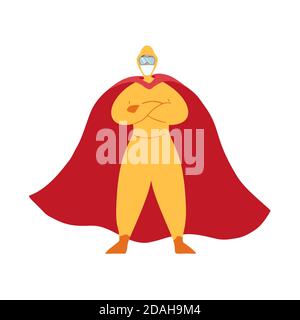 Médecin Superhéros des maladies infectieuses. Infectionniste dans un masque, un costume de protection et un manteau rouge sur fond blanc. Le héros moderne. Caractère de dessin animé vectoriel Illustration de Vecteur