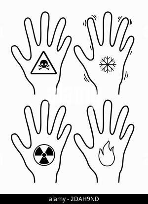 Gelures, brûlures, radiations et empoisonnement des membres. Contour des mains avec un flocon de neige, un feu, un poison et une icône de rayonnement. Objet vectoriel pour ic Illustration de Vecteur