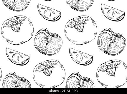 Persimmon esquisse un motif de contour sans couture sur fond blanc. Une alimentation saine avec des fruits et des tranches. Texture vectorielle pour les tissus, les papiers peints et votre cr Illustration de Vecteur