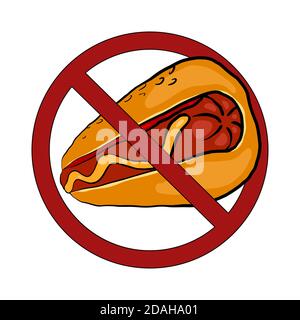 Croquis de hot dog dans un panneau d'interdiction. Interdiction de la malbouffe. Restauration rapide interdite. Badge vectoriel pour les logotypes, les autocollants, les icônes et votre design. Illustration de Vecteur
