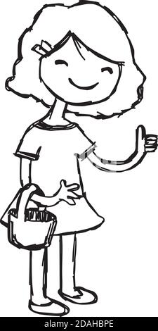 illustration vecteur doodle dessiné à la main de fille souriante avec panier montrant le pouce vers le haut. Illustration de Vecteur