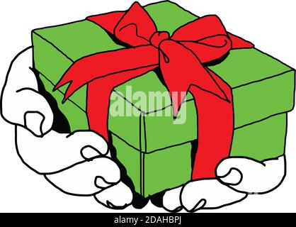illustration vecteur doodle main tirée de la main de la personne donnant ou recevant un paquet cadeau vert avec ruban rouge, isolé sur fond blanc. Illustration de Vecteur