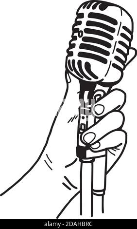 illustration vecteur main dessiner des dessins de main tenant le microphone rétro isolé sur blanc Illustration de Vecteur