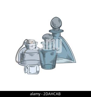 Médecine naturelle et médecine. Parfums et potions. Dessin coloré de petits flacons, flacons sur fond blanc. Objet vectoriel pour recettes, bannière Illustration de Vecteur