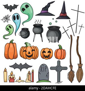 Ensemble d'illustrations de contour pour les fêtes d'Halloween. Chapeaux de sorcières, balais, chaudrons, pierres tombales, citrouilles, chauves-souris et fantômes. Objet vectoriel pour postc Illustration de Vecteur