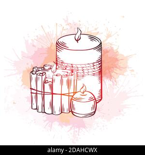 Détendez-vous aux bougies. Esquisse en noir et blanc avec hachurage. Cirer les bougies avec des bâtons de cannelle, la décoration et les éclaboussures d'aquarelle de néon. Vector spa, détente Illustration de Vecteur