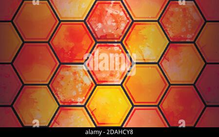 Motif sans couture avec alvéoles aquarelle jaune et orange avec éclaboussures sur fond sombre. Miel doux et friandises. Texture vectorielle pour le papier peint, Illustration de Vecteur