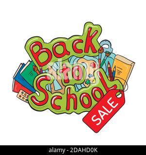 Vente de retour à l'école. Lettres de dessin animé avec papeterie d'école, livres. Offre spéciale et réductions pour les études. Objet vectoriel pour bannières, post Illustration de Vecteur