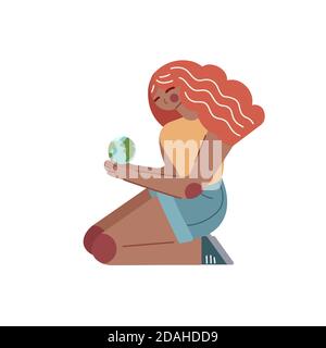 Sauver la planète. Illustration plate d'une fille à cheveux rouges tenant la planète Terre dans ses mains. La nature est entre nos mains. Illustration vectorielle moderne pour Illustration de Vecteur
