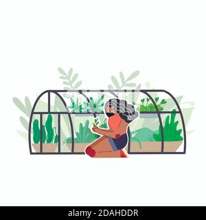 Fille africaine de soins pour la maison serre avec diverses plantes. Orangerie en verre avec fleurs et herbe. Hobbies et intérêt de la nature. Illustrateur vectoriel plat Illustration de Vecteur