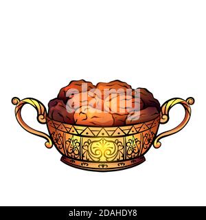 Illustration colorée des dates dans un vase doré luxueux. Un régal festif pour le kareem de Ramadan. Vecteur élément de contour pour le menu, l'invitation et votre creati Illustration de Vecteur