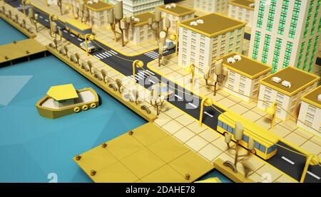 Coloriser jouet basse poly ville 3d rendu sur bleu Banque D'Images