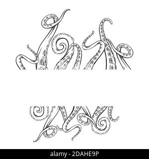 Cadre avec des esquisses noir et blanc octopus tentacules et place pour le texte. Membres creepy des habitants marins. Modèle vectoriel pour bannière, bordure, carte Illustration de Vecteur