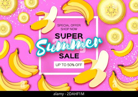 Banane Super été solde bannière en papier coupé sur fond rose. Fruits frais jaunes. Nature. Illustration de Vecteur
