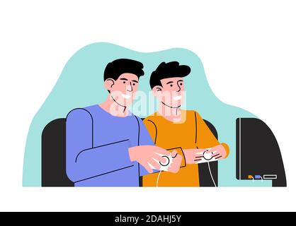 Deux amis sont assis devant le moniteur et jouent à un jeu. Illustration vectorielle Illustration de Vecteur