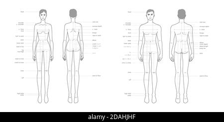 Hommes et femmes parties du corps mesures terminologiques Illustration pour la production de vêtements et d'accessoires mode 9 tête mâle et femelle taille graphique. Modèle d'infographie sur le corps humain Illustration de Vecteur